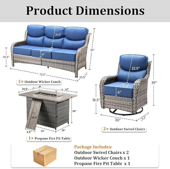 Pugire Luxury High Back Patio Furniture Set with 6-Inch Thick Cushions, 4-Pieces Outdoor Furniture with Swivel Chairs, Wicker Conversation Set for Porch, Balcony, Deck and Yard, Grey/Blue