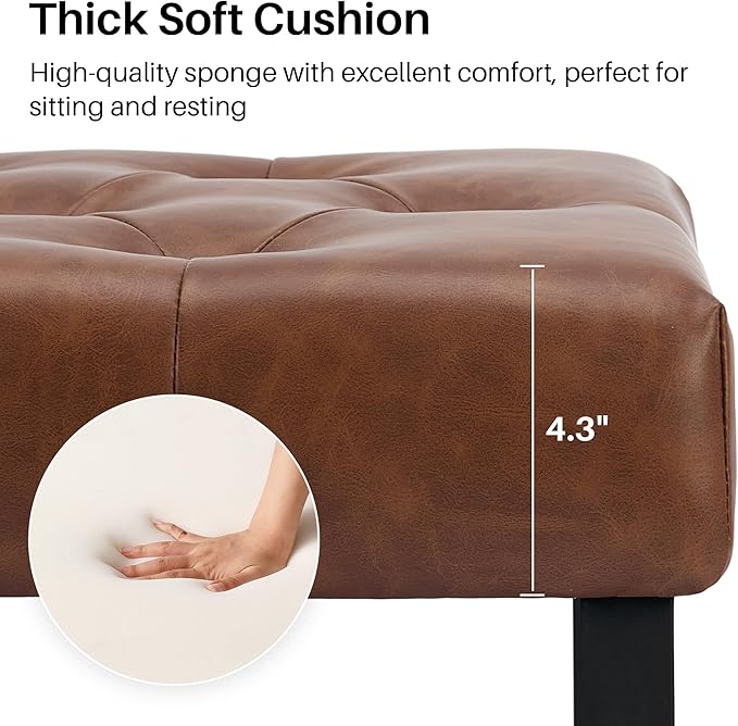 SOFTHION 55.5" End of Bed Bench, Modern Leather Button Tufted Bedroom Bench, Upholstered Storage Shoe Bench with Metal Base, Dinning Table Bench for Living Room, Bedroom, Entryway,Brown