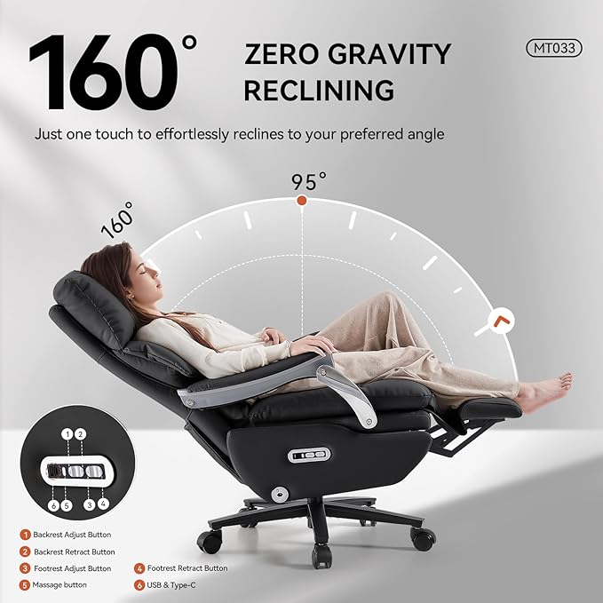 EMIAH Ergonomic Office Chair with Foot Rest Electric Executive Office Chair Reclining with Massage Big and Tall High Back Computer Chair with Wheels, Sustainable Leather(Black)