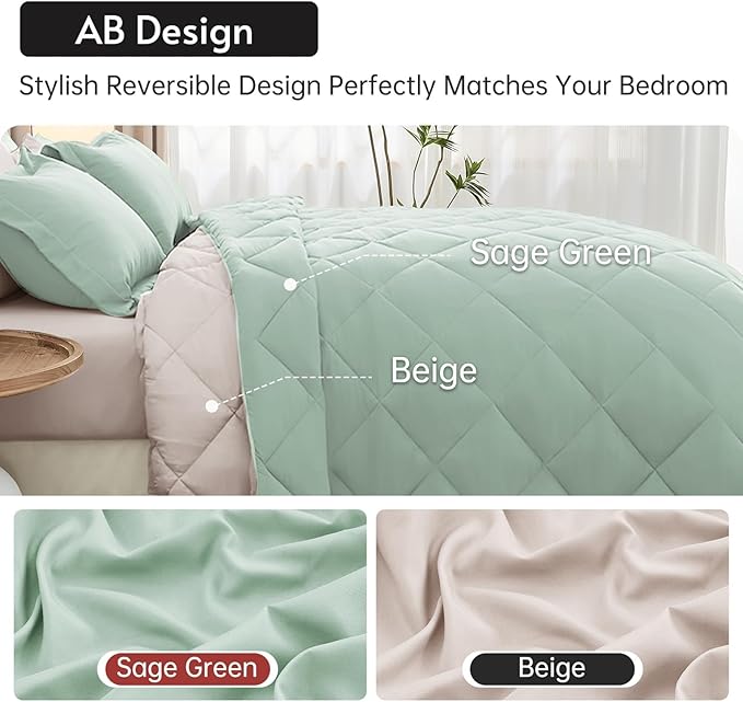 MUXHOMO 7 Pieces King Comforter Set, Reversible Bed in a Bag King Size, All Season Bedding Set with Comforter, Flat Sheet, Fitted Sheet, Pillowcases & Shams, Sage Green & Beige