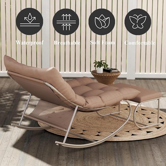 DAYAOUTDOOR Rocking Chair Outdoor Set of 2, Extra Wide Outdoor Chair with Cushion, Patio Rocking Chairs with Ottoman, Patio Papasan Rocking Chairs for Porch, Garden, Lawn, Khaki