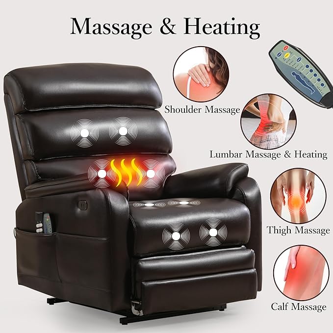 Power Lift Recliner Chair, Big Tall Man Lay Flat Ergonomic Lounge with Extended Footrest for Elderly People, Single Sofa Heat & Massage. Home Theater Seat, USB&Type-C Port (PU Leather, Reddish Brown)