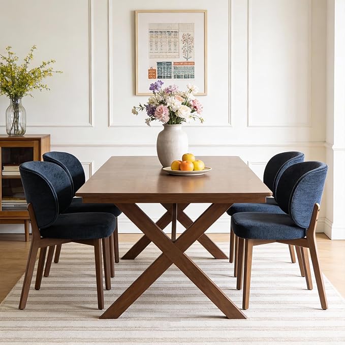 YOUNUOKE Upholstered Dining Chairs Set of 4, Modern Chenille Fabric Dining Room Chair with Wood Legs, Widen Backrest Comfy Armless Side Kitchen Chairs, Blue
