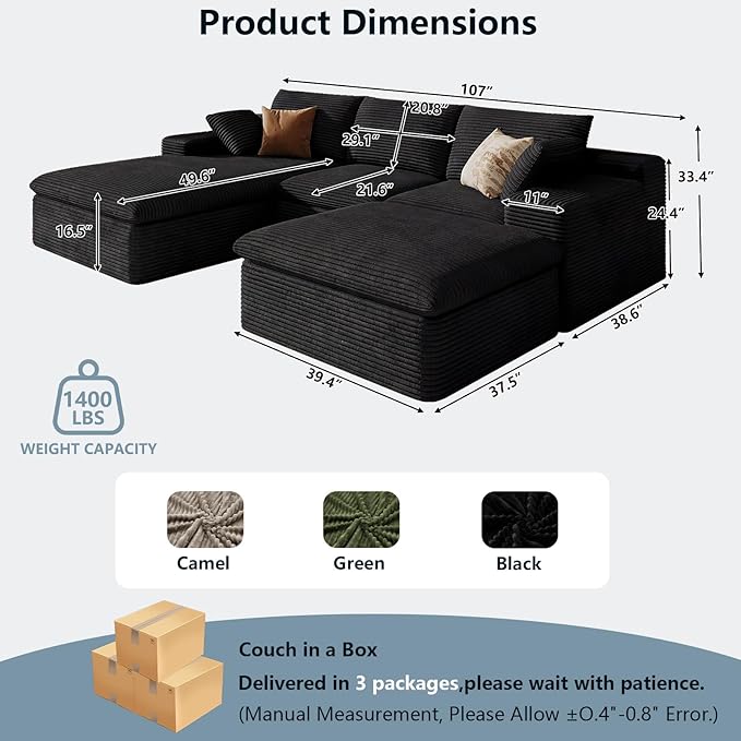 107" Cloud Sectional Couch with U-Shaped Chaise,Corduroy Viral Boneless Sofa with Ottoman,Memory Foam Couches in a Box with Deep Seat for Living Room,No Assembly Required (Black,Left-Facing Chaise)
