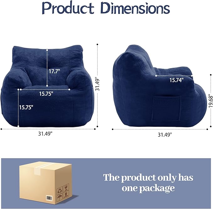 Bean Bag Chair, Comfy Bean Bag Sofa with Armrests & Back Support, Shredded Foam Filled Floor Couch for Adults, Fluffy Cloud Chair for Bedroom/Dorm/Reading, Single, Blue