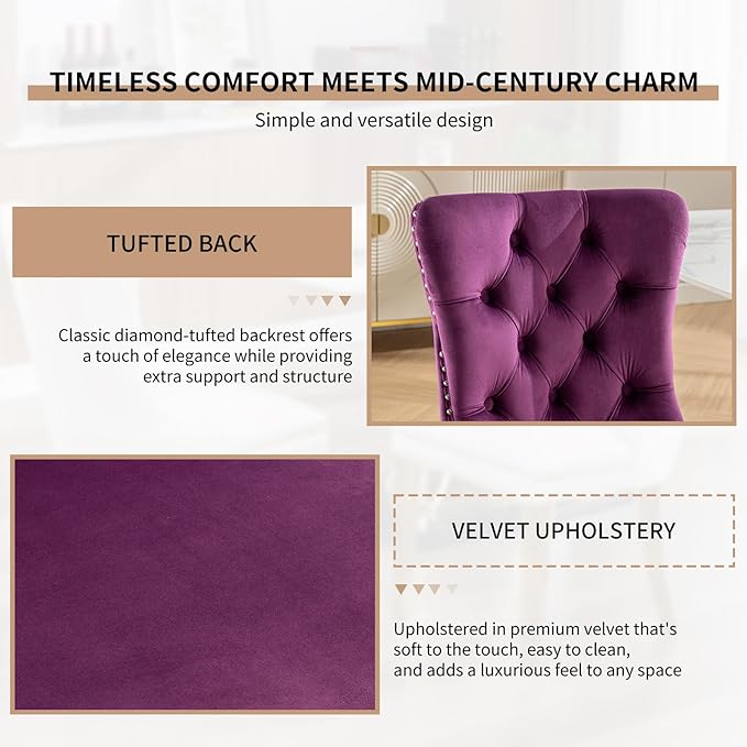 YeahFurn Mid Century Modern Dining Chairs Set of 6, Purple Velvet Upholstered Tufted Back, Kitchen & Dining Room Chairs, Brushed Silver Metal Legs, Nailhead Trim, Sillas para Comedor (Purple, 6 Pcs)