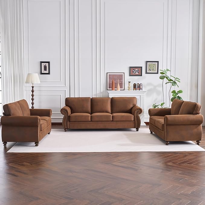 Couchus Living Room Furniture Sets,Sofa Sets and Couch Sets for Living Room,Mid-Century Vintage Sofa Couches with Rivet Design (Caramel, Single+3 Seater)