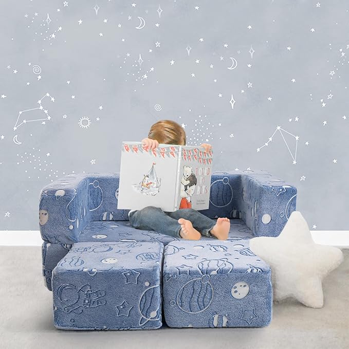 MeMoreCool Modular Kids Sofa, Glow in The Dark Space Kids Play Couch Sofa, Blue Fold-Out Foam Lounger Chair for Girls and Boys, Bedroom and Playroom