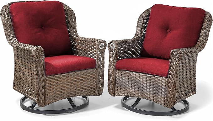 ACTREST Patio Chairs Outdoor Swivel Glider - Set of 2 High Back Outside Brown Wicker Rattan Rocking Chair with Thick Cushion for Porch Apartment Deck Yard Poolside Garden - Red