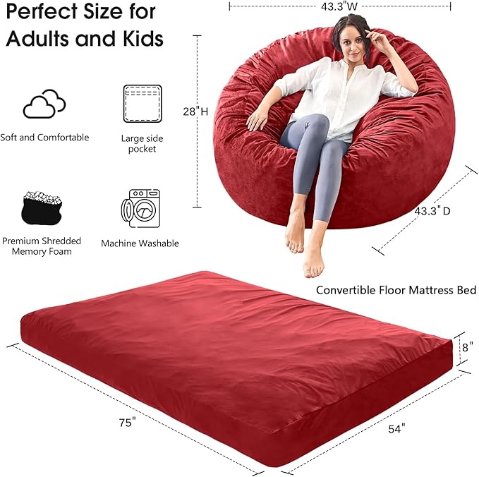 Bean Bag Chairs for Adults - Giant Bean Bag Chair Convertible Bean Bag Bed - Beanbag Chair with Micro Fiber Cover/Furniture Foam Filler - Floor Couch Sofa in Bedroom Dorm Room - Full Red