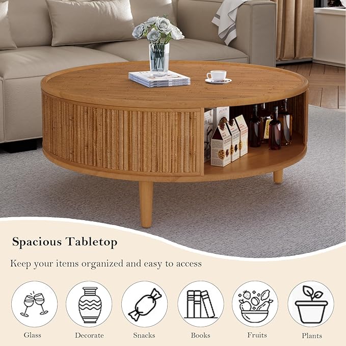 Round Coffee Table - Bamboo Woven Tabletop & Anti-Skid Solid Wood Legs 30.5" Rustic Center Tables with with Ample Storage Space for Living Room Apartment (Round 30.5in)
