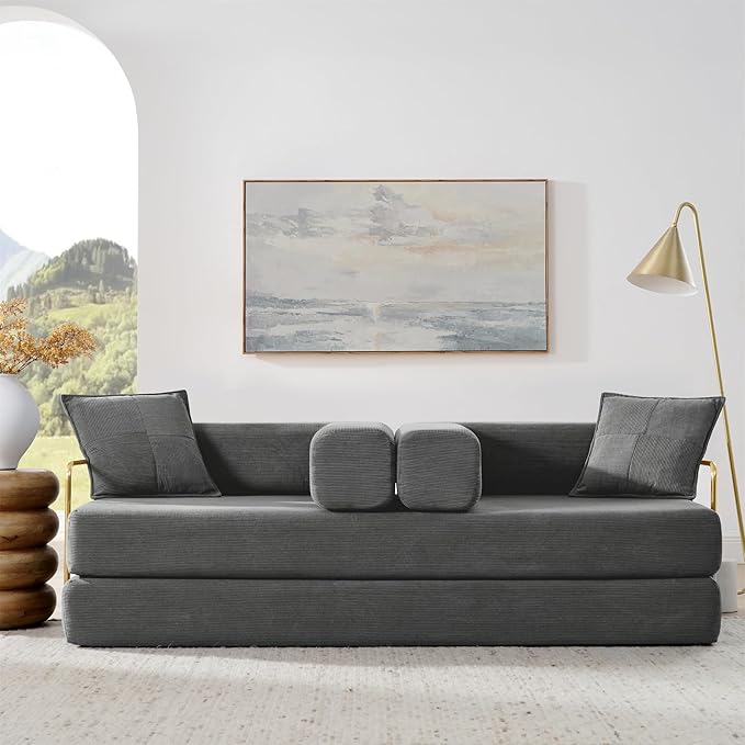 78" Convertible Sleeper Sofa Bed, Corduroy Folding Sofa Bed with Fixed-Shape Frame, Fold Out Floor Mattress Couch, Lazy Compression Sofas for Living Room, Bedroom, No Assembly Required, Grey