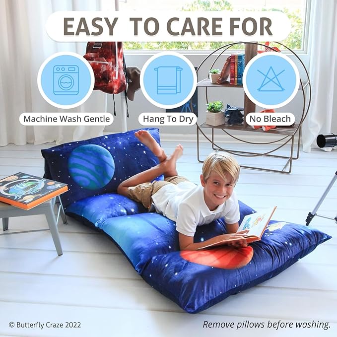 Butterfly Craze Floor Pillow Case - Reading & TV Recliner & Reading Pillow - Sleepover Lounger & Toddler Couch & Nap Mat - Galaxy Space Print & Floor Mat for Ground Sleeping - Galaxy Blue, King