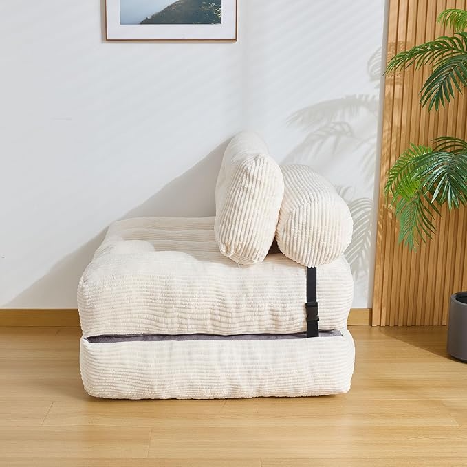 Kisoy Folding Sofa Bed, Convertible Sleeper Chair Couch Bed Faux Rabbit Fur for Adults, with Back Support Floor Couch Comfy Floor Sofa for Living Room Bedroom, Ivory, Single