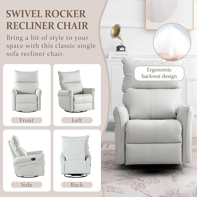 QKFF Swivel Rocker Recliner Chair, Upholstered 360° Fabric Leather Glider Rocker Chair for Nursery, Manual Small Recliners for Small Spaces Living Room Weight Capacity 300lbs