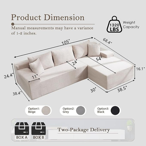 105’’ L-Shape Modular Sectional Sofa with Chaise, Convertible Cloud Couch, Corduroy Fabric & High-Density Memory Foam, No Assembly Required for Living Room (Beige, Right Facing Chaise)