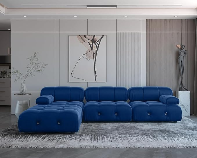 JACH 104" Modular Sectional Couch, L-Shaped Minimalist Velvet Sofas, Convertible Comfy Couch, Sectional Sofa with Reversible Chaise Ottoman for Living Room, Apartment (Blue)