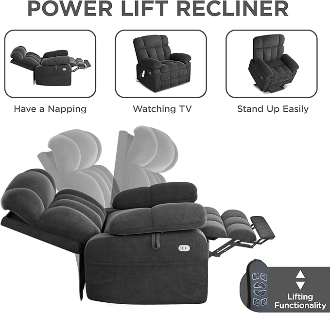 Dual Motor Power Lift Recliner Chair for Elderly with Adjustable Headrest,Extra Wide Recliner Chair with Massage,Lay Flat Recliner with Extended Footrest,Cup holder,Storebox,USB&Type-C Ports,Dark Grey