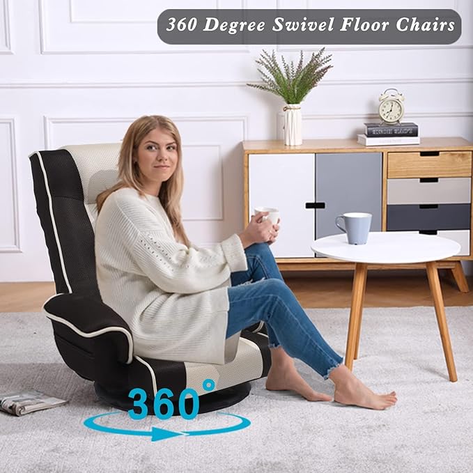 FLOGUOR 360 Swivel Gaming Floor Chair with Armrest Multi-Angle Folding Floor Chair Padded Backrest Lazy Sofa Lounge Chair for Living Room, Home Office QL201W-US-CO