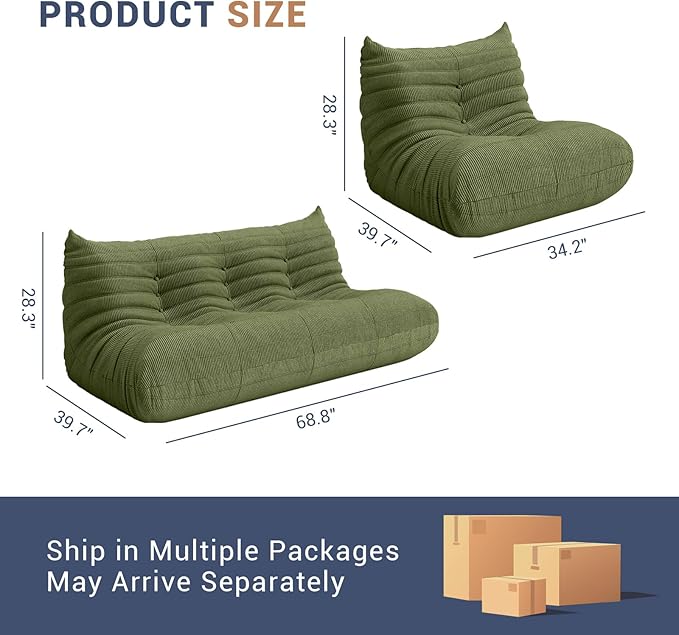 Bean Bag Chair for Adults, Fireside Chair Lazy Floor Sofa, Modern Corduroy Fabric Caterpillar Sofa Couch, Armless Foam Lounger Tatami Recliner Bean Bag Couch for Living Room Bedroom Dorm Office