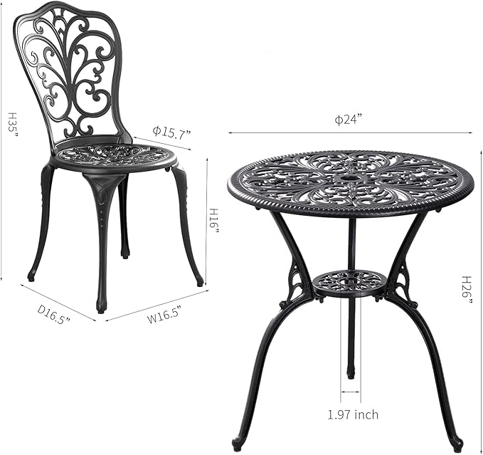 Withniture Outdoor Bistro Set 3 Piece Patio Bistro Set, Cast Aluminum Bistro Table and Chairs Set of 2, Small Patio Table Set for Porch, Black