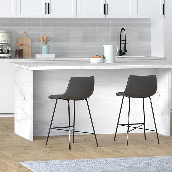 POLY & BARK Paxton Leather Counter Stools 24 Inches - Set of 2 - Counter Height Bar Stools with Back - Modern Barstools for Kitchen Island or Counters - Faux Leather & Matte Black Steel Base - Gray