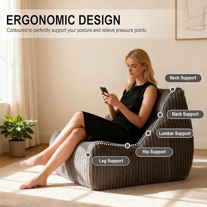 Bean Bag Chairs, Giant Bean Bag Chair for Adults, Memory Foam Lounge Chair, Comfy Lazy Floor Chair, Bean Bag Sofa for Living Room, Bedroom and Office, Single Bean Bag (Grey)
