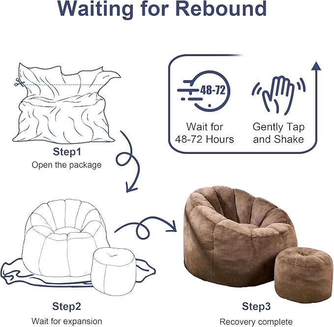 Pumpkin Shaped Bean Bag Chair with Ottoman, Gaint Bean Bag Chair for Adults, Faux Rabbit Fur Comfy BeanBag Floor Sofa Chair for Reading, Playing, Relaxing, Brown