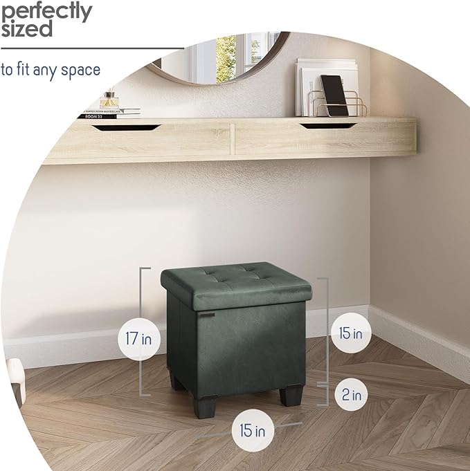 Storage Ottoman Cube with Small Bin, 16-in Square Ottoman with Storage for Living Room and Bedroom, Small Ottomans Foot Rest, Faux Leather Foot Stools Ottomans Max 330lbs, Green