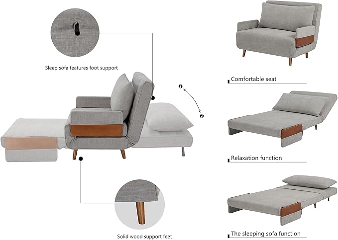 CITTANEO 42" Convertible Sleeper Chair, 3-in-1 Chair Bed Sleeper for Adults with Adjustable Backrest, Pillow & Wooden Arms, Loveseat Sofa Bed for Apartment, Office, Medium Gray