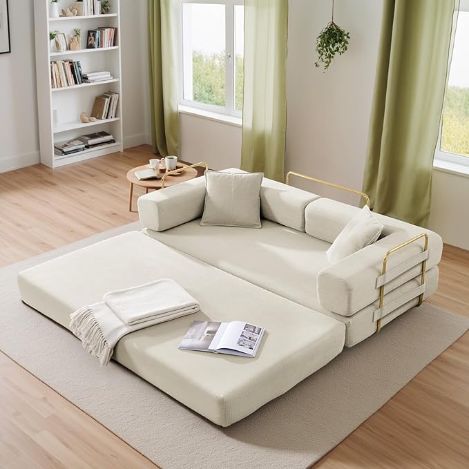 Antetek Convertible Futon Sofa Bed, 3 Seater Modern Corduroy Foam Floor King Size Bed Fold Out Sleeper Lounge Loveseat Sofa Couch with 2 Throw Pillows for Living Room Bedroom Guest Room, Beige
