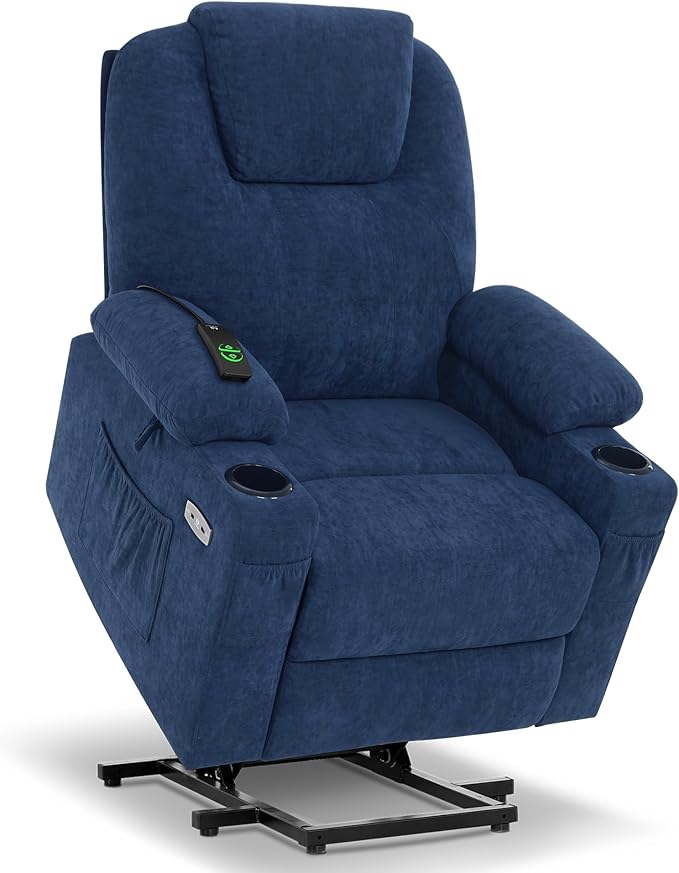 MCombo Power Lift Recliner Chair for Elderly, Lift Chair with Heat and Massage, USB&Type C Ports, Extended Footrest, Cup Holders, Fabric 7040 (Medium, Admiral)