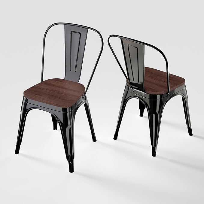 Metal Dining Chairs Set of 2,Stackable Tolix Chair Indoor/Outdoor for Kitchen,Cafe,Restaurant,Bistro & Patio Multiple Colors with High Backrest and Wood Seat(Black)
