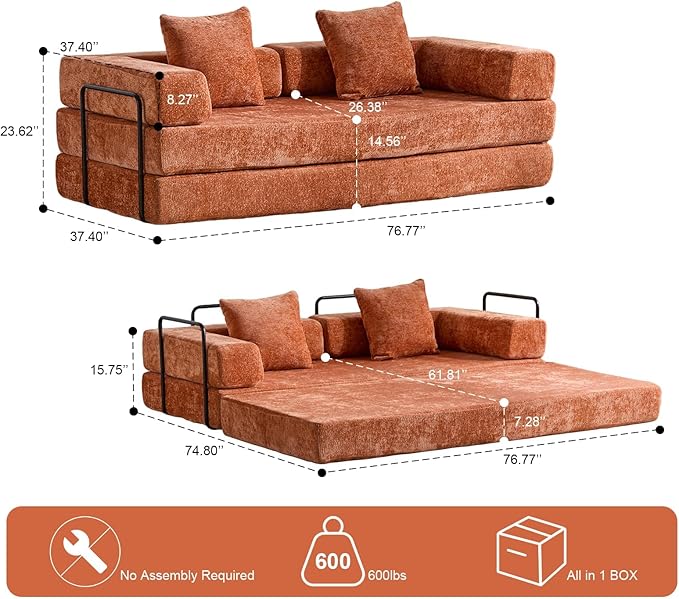 77" Convertible Foldable Floor Couch, 3-Seat Futon Sleeper Sofa for Living Room, Bedroom, or Apartment, with Pillow Backrest and Armrests, Chenille Fabric, No Assembly Required, Orange