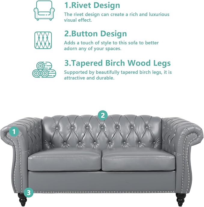 QHITTY Accent Sofa, Chesterfield Loveseat Modern Leather Couch Upholstered Sofa with Tufted Back for Living Room Furniture (Grey)