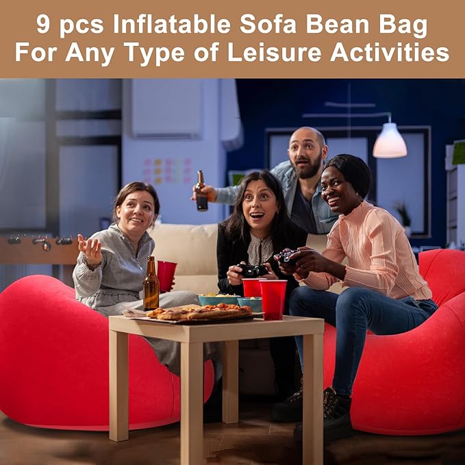 Realspring 9 Pcs Inflatable Bean Bag Chairs for Adults with Electric Air Pump, Blow up Couch Folding Portable Inflatable Couch Lazy Sofa for Outdoor Movie Nights Camping Room (Red)