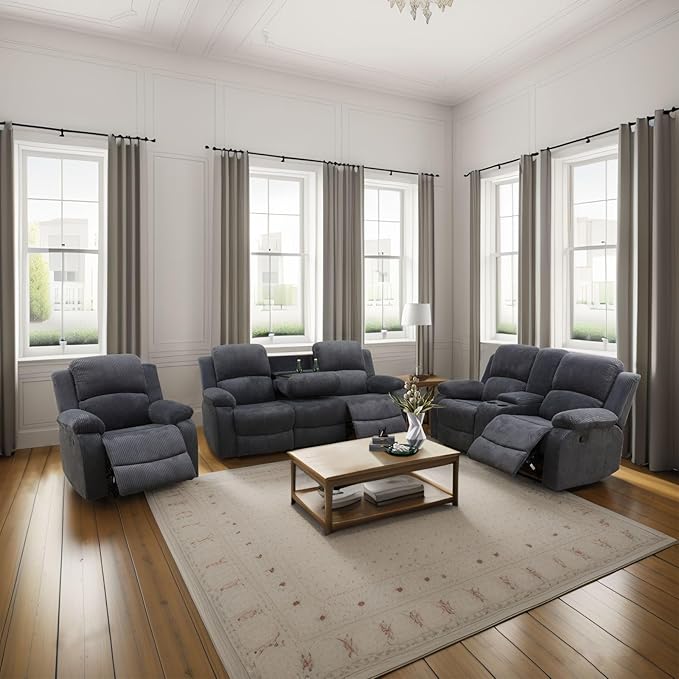 Manual Reclining Sofa Set with Drop-Down Table, Corduroy Sofa Sets, Living Room Furniture Sets, Modern Manual Recliner Sofa Sets with Storage Console for Living Room (Dark Grey, Sofa+Loveseat+Chair)