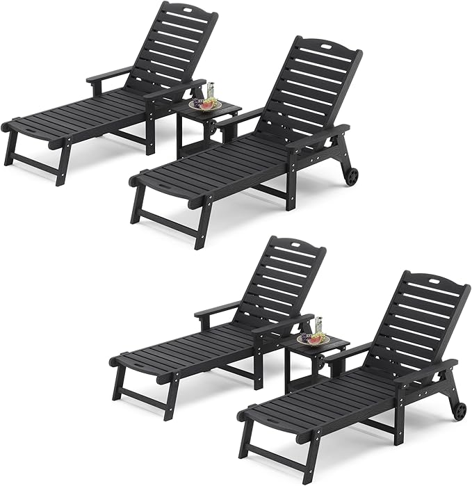 LUE BONA Chaise Lounge Chair with Table, 6-Piece, HDPS Chaise Lounger, 5 Positions Adjustable Lounge Chairs, Pool Lounge Chair with Wheels for Poolside, Backyard, Black