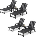LUE BONA Chaise Lounge Chair with Table, 6-Piece, HDPS Chaise Lounger, 5 Positions Adjustable Lounge Chairs, Pool Lounge Chair with Wheels for Poolside, Backyard, Black