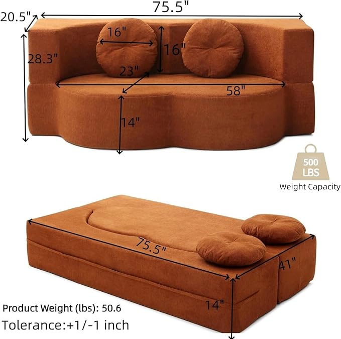 76" Convertible Folding Sofa Bed, 2-in-1 Twin Size Loveseat Sleeper Couch Bed with Two Pillows, Foldable Space-Saving | Design for Dorms Apartments Bedroom& Living Room,No Assemble(Orange)