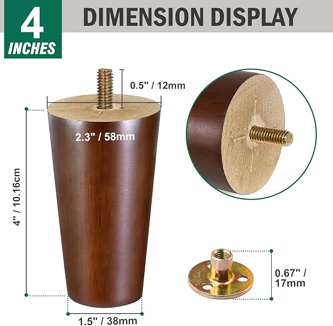 FoDau770 Brown Rubber Wood Furniture Legs 4 Inches, Straight Tapered Wood Feet Mid Century Sofa Legs Set of 4, 5/16" UNC Furniture Feet for Cabinet Couch Dresser Chair Ottoman Table