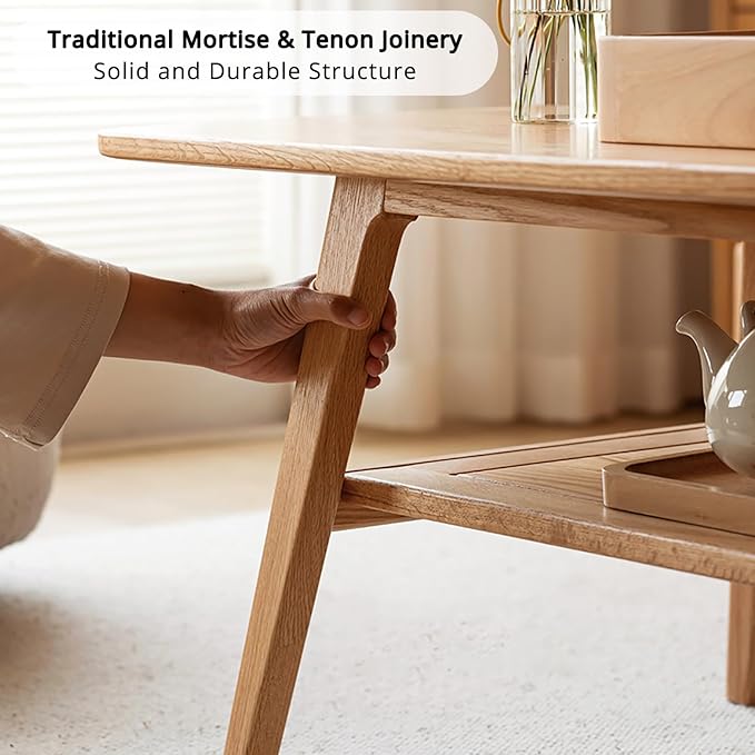 Hymus Coffee Table - 100% Solid Oak Wood- 2-Tier Coffee Table with Storage for Living Room, Eco-Friendly Finish, Easy Assembly (Natural, 39.37" D x 19.69" W x 17.32" H)