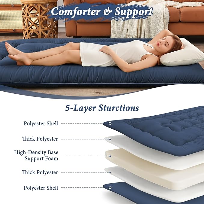 DAICO Japanese Floor Mattress, 4'' Thicken Futon Mattress Tatami Mat, Sleeping Pad Foldable Roll Up Mat for Camping and Guest Room, Queen Size 60''*80'', Navy