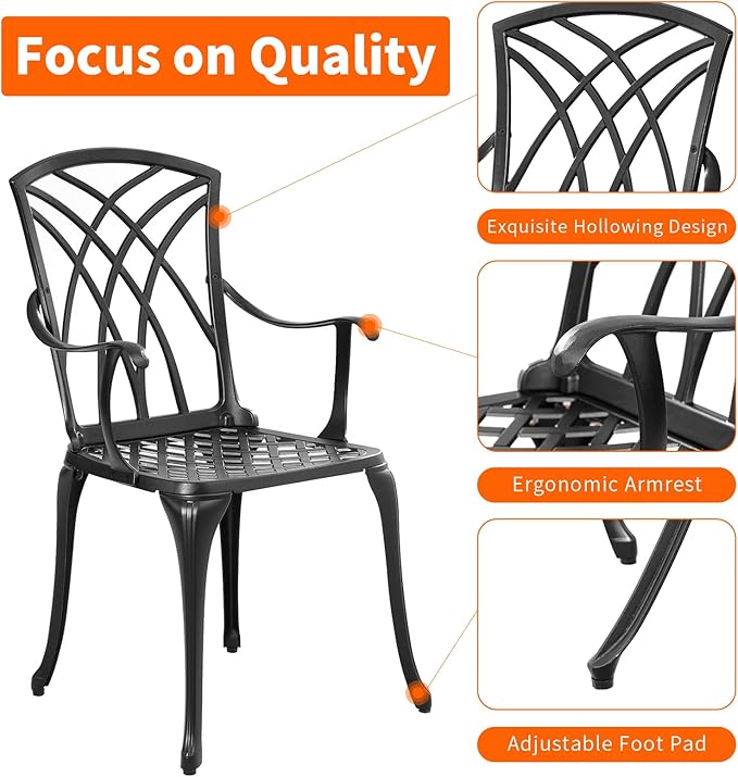 Withniture Patio Bistro Set 3 Piece Outdoor, Cast Aluminum Bistro Table and Chairs Set with Umbrella Hole, Small Bistro Sets Patio Furniture for Porch, Yard (Black, Woven with Armrest)
