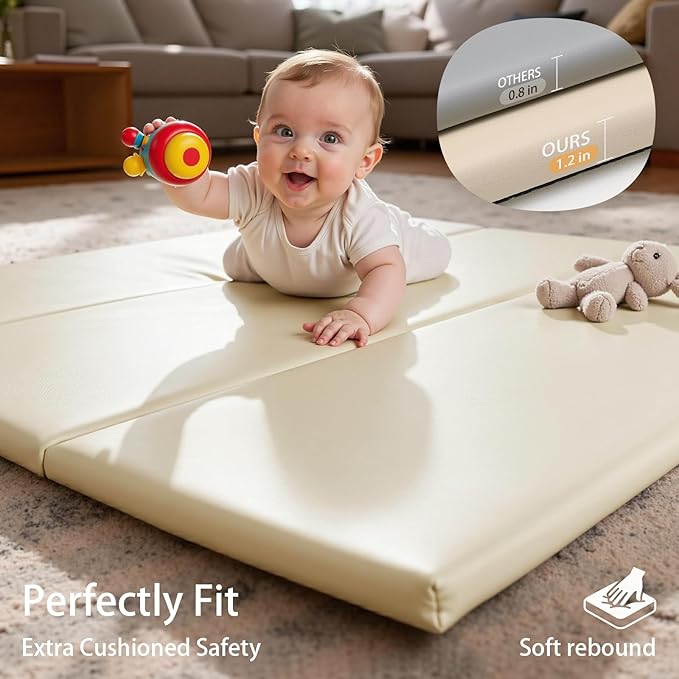 Foam Baby Play Mat: PU Leather Waterproof Kids Playmat - Trifold Floor Mat - Large Play Mat for Playpen Thick Pad Fodable Mattress Soft Toddler Mattress Infant Cushion for Preschool (Beige)
