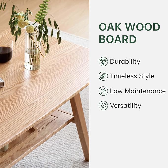 Wayshome 100% Solid Oak Wood Coffee Table for Living Room, 2-Tier Small Coffee Tables with Shelf Storage, Mid Century Modern Table with Rounded Corners (Natural, 39.37" x 19.68" x 17.32")