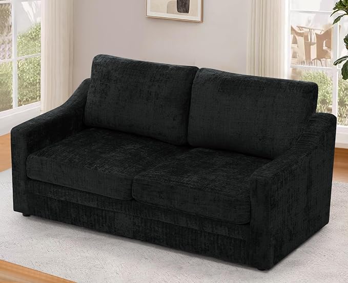 ACMEASE 67 Inches Chenille 2-Seat Sofa w/Comfortable Back Cushions, Modern Love Seat w/Deep Seat Space, Upholstered 2 Seater Couch w/High Resiliency Foam for Living Room, Office, Black