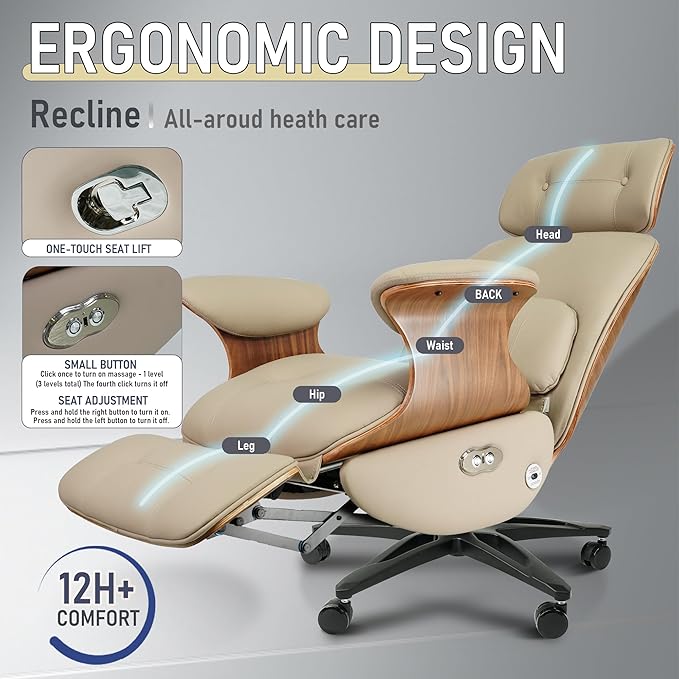 Genuine Leather Office Chair with Electric Reclining, Footrest, Lifting and Massage Function, 350lbs Capacity Ergonomic Executive Chair with Alu Base and 360° Wheels for Home Living Room
