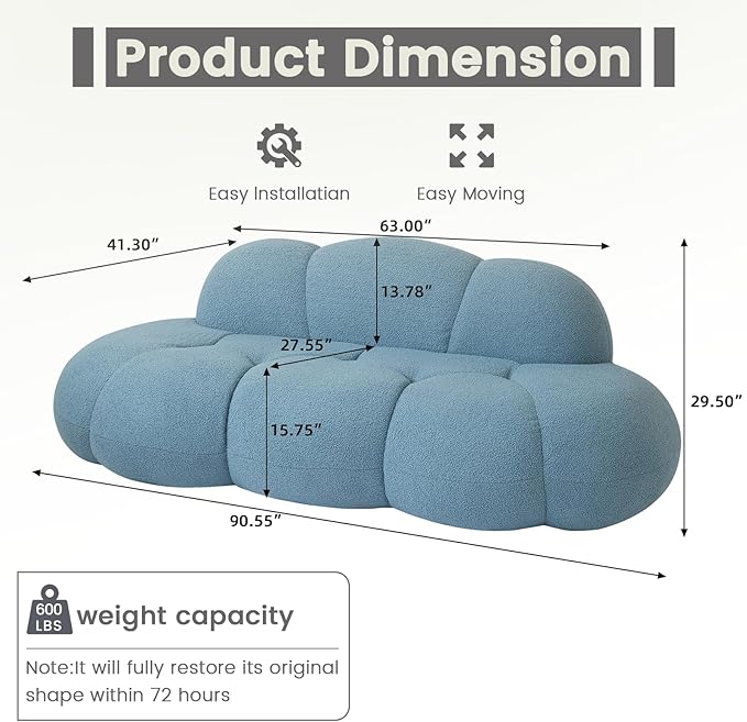 WJShome 90" Boucle Sofa, Modern Curved Upholstered Cloud Couch, Deep Seat LoveSeat 3 Seater Sofa, Cozy Modern Boneless Sherpa Fleece Couches for Living Room, Bedroom, Apartment (Blue)