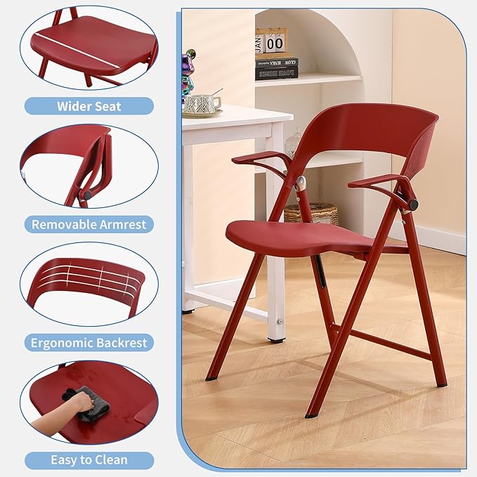 KAIHAOWIN 2 Pack Plastic Folding Chair with Armrest, Heavy Duty Foldable Chairs with Steel Frame Commercial Stackable Guest Chairs for Indoor and Outdoor-Red